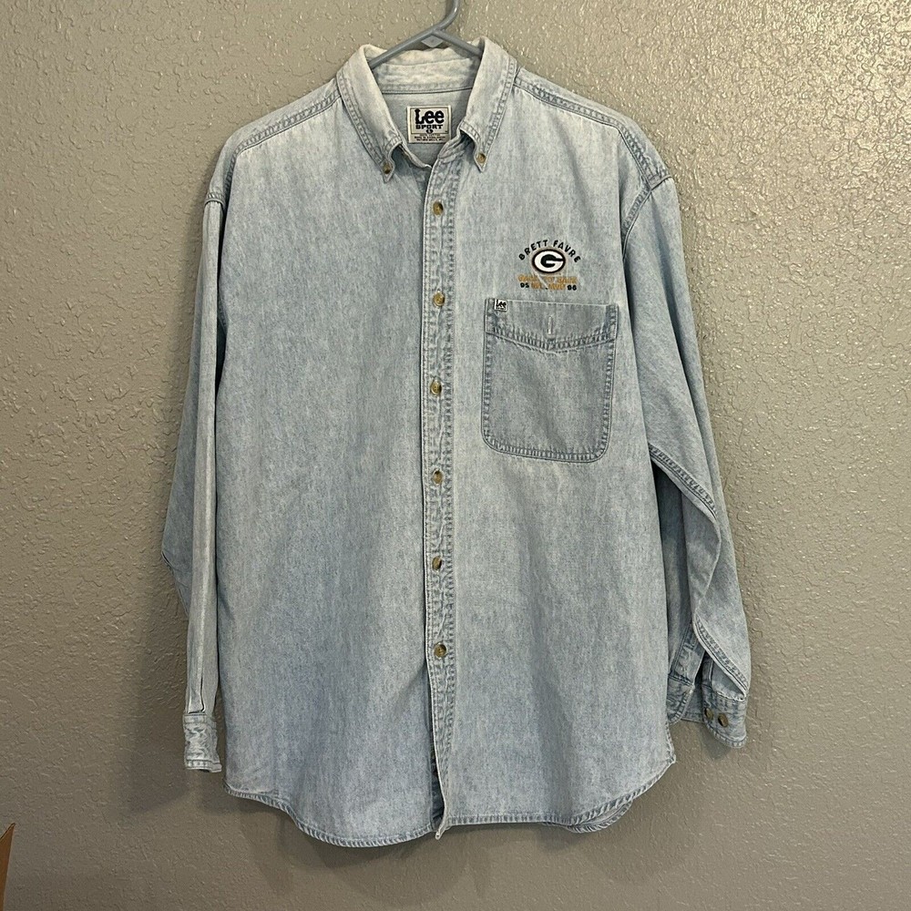 Vintage Green Bay Packers Brett Favre Lee Sport Denim Long Sleeve Shirt Large